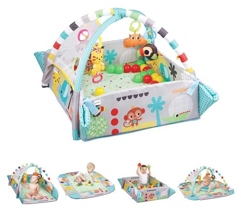 Multifunktionale Baby Spieldecke mit Spielbogen – Baby Gym Spielmatte & Krabbeldecke – inkl. 30 Bällen + 5 Spielzeugen, Buikligtrainer – ab 0+ Monaten