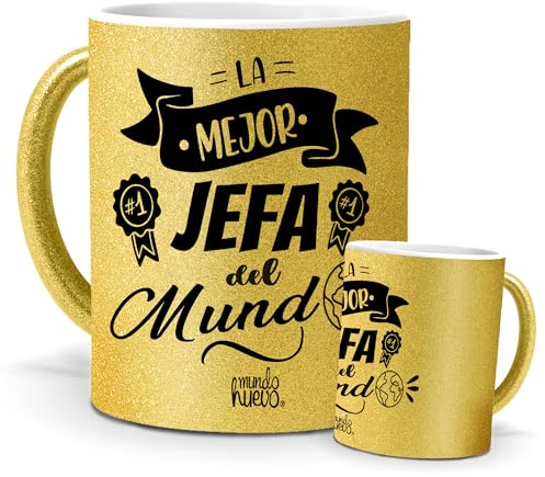 Taza Jefa | Taza de Cerámica Purpurina Oro con Frase Jefa y Dibujo | Mejor Jefa del Mundo | 350 ml Regalo Original Navidad para Jefa Especial, Taza de Café, Té e Infusiones