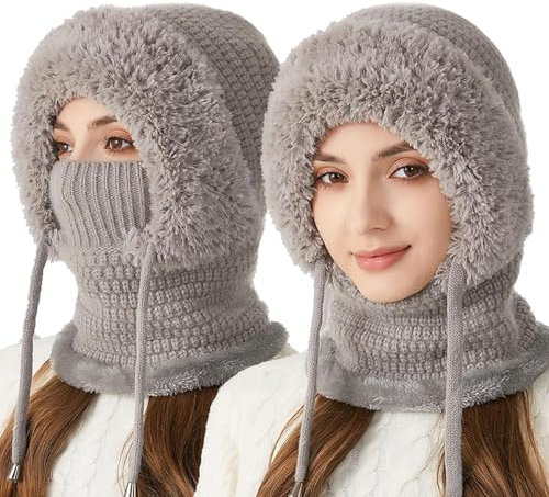Generisch Winddichte Outdoor-Schalmütze für Damen, Einteilige, lässige Beanie-Schalmaske, 3-in-1-Winter-Sturmhaube für Damen (Gray,Einheitsgröße)