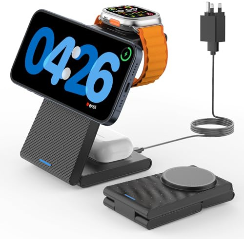 3 in 1 Wireless Charging Station for iPhone-CIYOYO Foldable Magnetic Wireless Charger for iPhone 17/16/15/14/13/12, Fast Charger Stand for Apple Watch 10/9/8/7/SE-Docking Station for AirPods 4/3/2/Pro