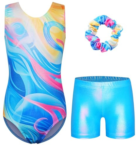 ZNYUNE Turnanzug mädchen Shorts Bunte Funkeln Gymnastik Trikots Farbverlauf Gymnastikanzug für Mädchen Strass B331 YellowBlue 12A