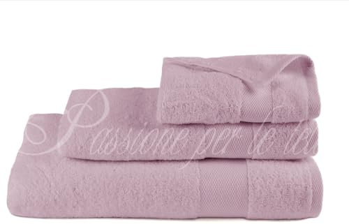 Passione per le tele Set Asciugamani in Spugna 3 pezzi Tris Bagno Viso 60x110 Ospite 40x60 Telo Doccia 100x150 in Cotone 100% Spugna 600 gr/mq (FASCIA cipria)