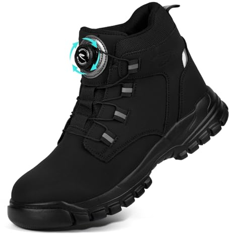 AOOSU Sicherheitsschuhe Herren Damen, Wasserdicht Stahlkappe Arbeitsschuhe mit Drehknopf, Schnittschutzstiefel, rutschfeste Leicht Knöchelhoch Leder Sicherheitsschuhe Größe 45