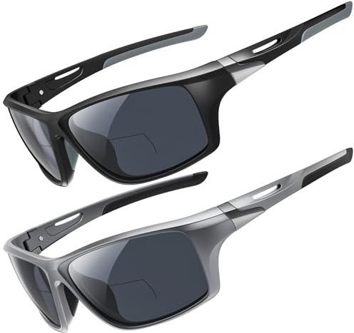 Amorays Bifokale Sonnenbrille mit Sehstärke Herren Wrap Around Sportlich Sonnenbrillen Leser Outdoor Clear Top Soft Nose Pads PC Frame UV400 8020（Schwarz&Grau，+3.00）