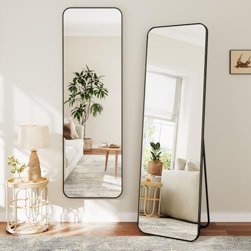 Dripex Grand Miroir 150×40cm avec Coins Arrondis, Miroir sur Pied ou Suspendu avec Cadre en Alliage d'Aluminium Idéal pour Dressing, Chambre à Coucher, Salon-Noir