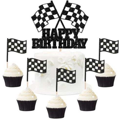 SANYUANHE 25 Stück Rennwagen Tortendeko,Karierte Flagge Cupcake Topper,Racing Car Cupcake Toppers，Auto Geburtstagstorte Dekoration,Geburtstag Party Decoration,für Jungen und Kinder Geburtstagsparty