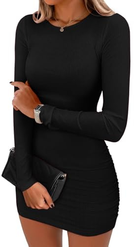 VAFFUL Langarmshirt Damen Gerippt Kleid Sexy Langarm Minikleid Rundhalsausschnitt Elegante Bodycon Kleid Kurz Enges