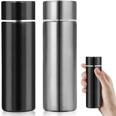 DGMI Lot de 2 petites bouteilles d'eau en acier inoxydable - 150 ml - Portable - Garde les boissons froides et chaudes pour les voyages (noir + argent)