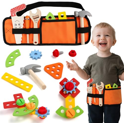 yoptote Juguetes Niños 2 Años - Juguetes Montessori 2 Años con Cinturon Herramientas Niño Juguete de Madera Juegos Educativos Bricolaje Construcciones Regalos para Niños Niñas 2 3 4 Años-20 Piezas
