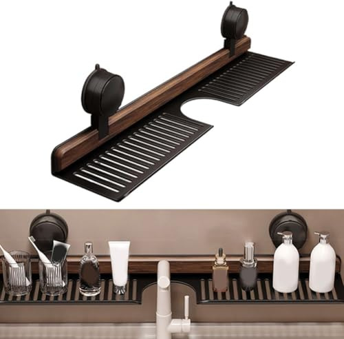 Estante de ducha con ventosa, almacenamiento de ducha de nogal, estantes de baño negros sin taladrar para baño y cocina