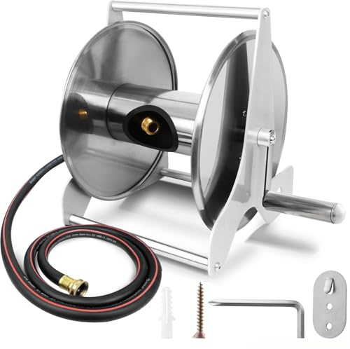 Teodute Stainless Steel Garden Hose Reel, Wall Mounted Hose Reel with Crank Handle for 40m 1/4 Garden Hose Holder, for Garden Watering Washing Car Outside