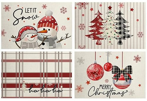 karororow 4 x Weihnachtliche Platzsets aus Leinen Festliche Tischdeko für Weihnachtstisch & Adventszeit Tischsets Platzdeckchen (30x45 cm)