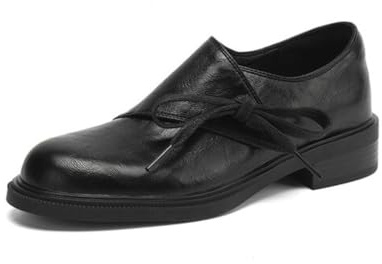 Mocasines Especiales con Cordones para Mujer Correa de Lazo Punta Cerrada de Vestir Planos Tacones Bajos y Gruesos Zapatos de Oficina Casuales,Negro,35 EU