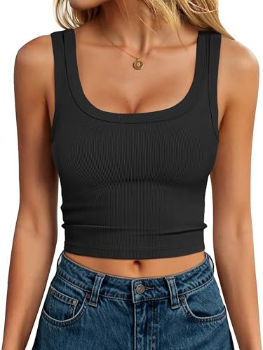 ANRABESS Tank Tops for Women Scoop Neck Crop Sleeveless Top Summer Going Out Basic Tee Cute Ribbed Slim Shirts Clothes 2026 Medium Black