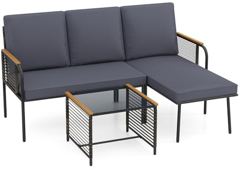 FANTASK 3-TLG Balkon Lounge Möbel, Gartenmöbel Set inkl. Tisch & Kissen, Polyrattan Ecklounge Möbel, Sitzgarnitur für Garten, Terrasse, Balkon