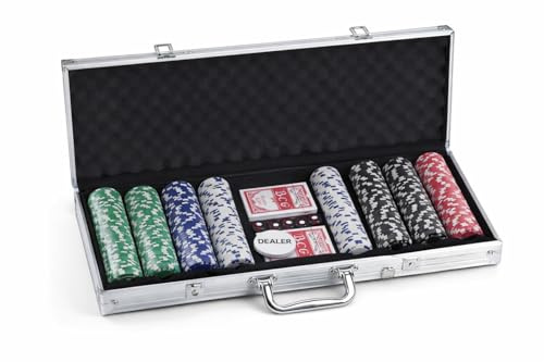 Alex Bog Set de Póker Profesional 500 Fichas con Maletín de Aluminio – Juego de Poker Completo con 2 Barajas y Botón Dealer – Fichas Estilo Casino para Texas Holdem