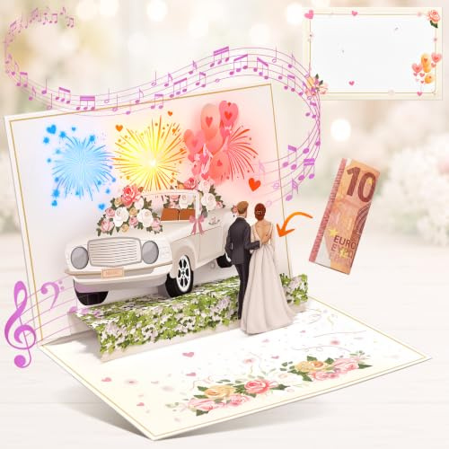 Hochzeitskarte mit Musik und Licht, 3D Pop up “Just Married” Karte | für Braut und Bräutigam Hochzeitsglückwunschkarte für Verlobung, Hochzeit, Brautparty