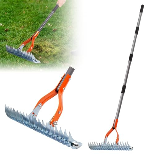 Rastrillo escarificador con mango ajustable, rastrillo de suelo para limpiar hierba tótem, mango telescópico de 170 cm, rastrillo de césped extraíble para jardín, patio y cuidado del césped