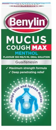 Benylin Mucus Cough Max Menthol Flavour, Helps to Clear Chest Mucus from Day 1, Cough Medicine for Adults, 100 mg/5 ml Oral Solution, 150 ml