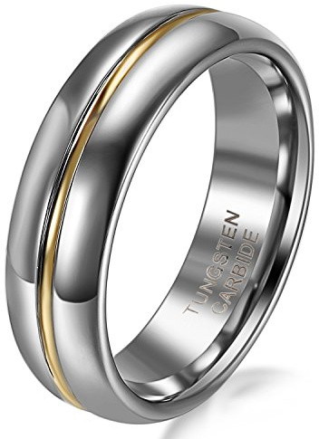 JewelryWe Wolfram Ring Herren Damen - 6/8mm Breite Wolframcarbid Herren-Ring Damen-Ring Gold Rille in der Mitte Partnerringe Hochzeit Engagement Band Silber Größe 52 bis 74