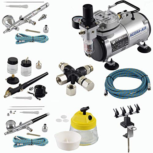 Agora-Tec® Airbrush Set EXPERT XI.13 mit Kompressor 4 bar/20 l/min + 3 Pistolen inkl. Nadeln/Düsen 0,2/0,3/0,5/0,8 mm + 3-fach Luftdruckverteiler + 4-fach Halter + Clean Pot + 3 Schläuche + Adapter