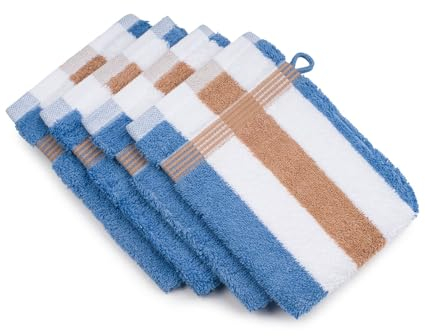 Gözze - New York Streifen Waschhandschuh, 4er Set, Weicher und saugfähiger Waschlappen, 100% Baumwolle, 17 x 24 cm - Marone/Weiß/Fjord