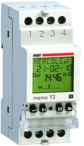 VEMER VE342200 MEMO Y2 - Minuterie Horaire Numérique avec Interface NFC, Programmation Journalière, Hebdomadaire, Mensuelle ou Annuelle, Installation sur Rail DIN, 2 Canaux, Blanc