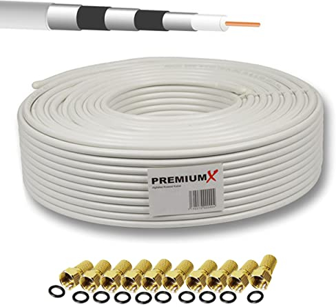 50m 135dB PremiumX Basic Pro Coaxial SAT Cable Câble coaxial blindé à 5 voies Câble d'antenne pour 4K Ultra HD | DVB-S / S2 | DVB-C | DVB-T | Systèmes BK + 10x F-Plug 8,0 mm
