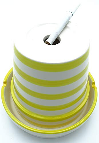 Sturmaschenbecher 1x Aschenbecher Tischaschenbecher aus hochwertiger Dolomit Keramik - bunt, gestreifter Windaschenbecher von Home-Flair® (15 x 15 x 12,5 cm, Gelb)