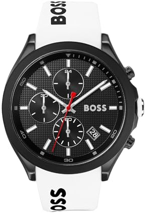 BOSS Reloj Cronógrafo de Cuarzo para Hombre 44 mm Colección VELOCITY con Correa de Silicona, Función de Fecha, 3 Subesferas, Resistencia al Agua 5ATM
