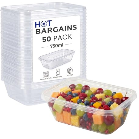 HOT BARGAINS 750ml Rectangular Food Storage Containers with Lids, Pack of 50, BPA-Free Plastic, Microwave and Freezer Safe
