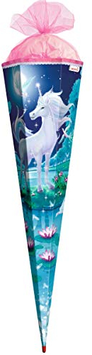 ROTH Schultüte groß Mondschein-Einhorn 85 cm - Glitter - 6-eckig Rot(h)-Spitze Tüllverschluss Glitzerborte - Zuckertüte Glitzer
