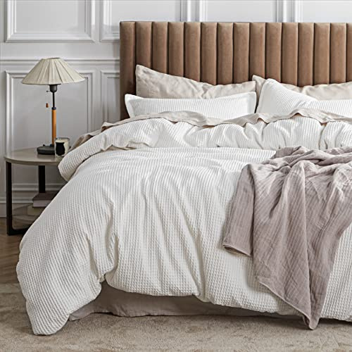 Bedsure Cotton Duvet Cover King - 100% Cotton Waffle Weave Coconut White Duvet Cover King Size, PureWoven Breathable Bedding Set for All Season, 3 Pieces, 104x90