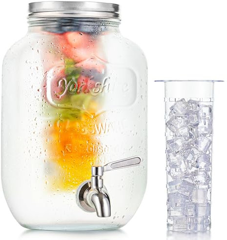 2 Gallon Glass Beverage Dispenser with Ice and Fruit Infusers, Stainless Steel Spigot, Chalkboard Label and Metal Lid, Wide Mouth Lemonade Drink Dispenser, Yorkshire Mason Jar, Kombucha Fermenting