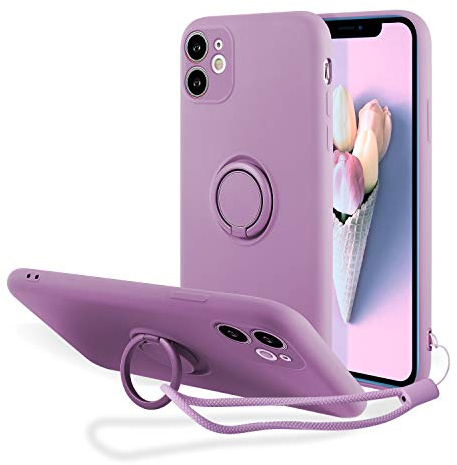 UEEBAI Case for iPhone 11 6.1 inch, Ultra Slim TPU Shockproof Case Liquid Silicone Case Rotatable Ring Holder Kickstand with Magnetic Car Mount Gel Rubber Cover Wrist Strap for iPhone 11 - Purple