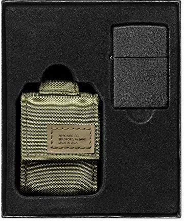 Zippo Unisex's OD Green Tactical Pouch and Black Crackle Windproof Lighter Gift Set, One Size, 5.5 x 3.8 x 1.2 cm
