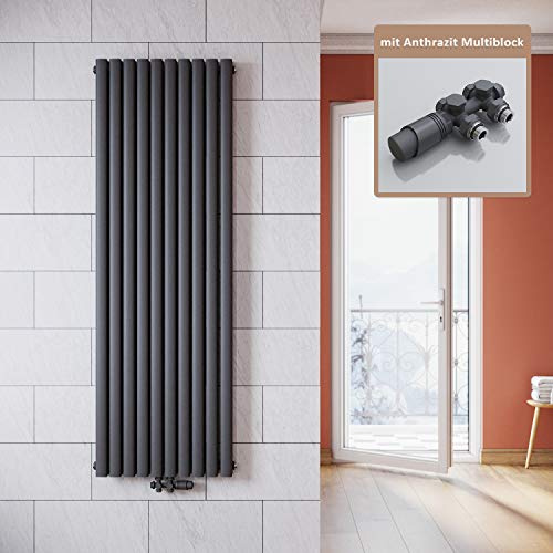 ELEGANT Vertikal Heizkörper Anthrazit 1800x590mm mit Multiblock Anthrazit Thermostat Design Heizkörper Doppellagig Röhrenheizkörper Badheizkörper Mittelanschluss