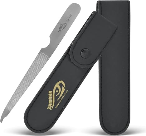 ZAMAHA UK® Single Piece Stainless Steel Premium Metal Nail File Packed in PU Leather - Durable Reusable Dual Sided Nail Care Accessories - Ergonomic Handle (Black Pouch)