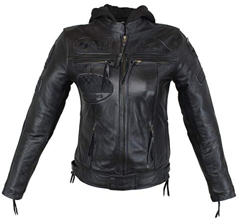 Euro Stars Damen Mantel, Biker Lederjacke Schwarz mit Kapuze und Protektoren, Slim & Smart Fit Look, Medium