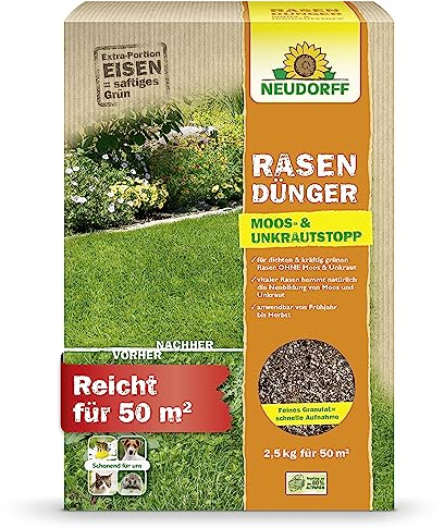 Neudorff RasenDünger Moos- & UnkrautStopp – Rasendünger mit Eisen und Kalium sorgt für einen dichten, grünen Rasen ohne Moos und Unkraut, 2,5 kg für 50 m²