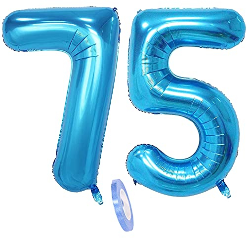 2 globos numeros 75 años, Number globo número 75 azul para Hombres Mujeres, 40 Figuras azules globo de lámina de helio inflable, gigante grande decoración fiesta de boda cumpleaños (xxxl 100cm)