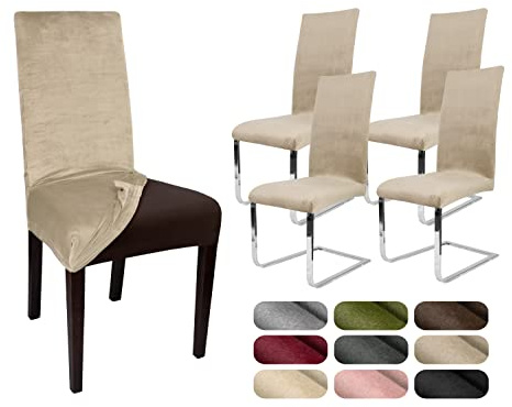 BEAUTEX Stuhlhussen Samt Stretch Stuhl & Schwingstuhl 4er Set Natur LEA | 95% Polyester, 5% Elasthan, weiche Velours-Oberfläche, Rundum-Gummizug, 30 °C waschbar, faltenarm, formstabil & langlebig