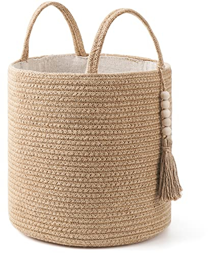 Mkono Woven Storage Basket Decorative Natural Rope Basket Wooden Bead Decoration for Blankets,Toys,Clothes,Shoes,Plant Organizer Bin with Handles Living Room Home Decor