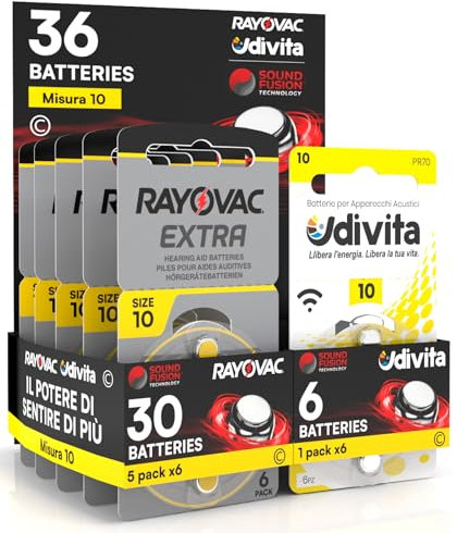 36 Piles à Usage Domestique pour appareils acoustiques Rayovac Extra Advanced 10-30 Rayovac + 6 Udivita