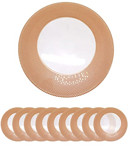 Trimming Shop 13 Inch Round Glass Charger Plate with Rose Gold Checkered Design, Decorative Dinner Chargers for Table Setting, Weddings, Banquets Parties, Elegant Tableware, Pack of 12