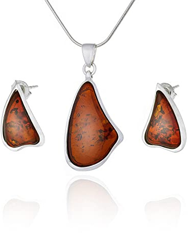 AMBEDORA Smyckesset för kvinnor Brigitte K, polerat sterlingsilver, baltisk bärnsten i konjakfärg, silverpedant på halsband och örhängen, Normaal, Sterlingsilver, Bärnsten
