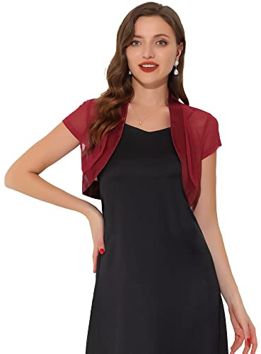 Allegra K Satén Shrug Bolero Cap Sleeve Business Open Front Crop Cardigan para Mujer borgoña S
