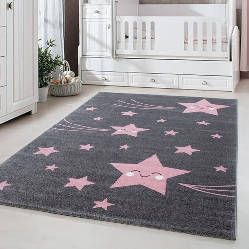 Carpetsale24 Kinderteppich Smiley-Sterne Rosa 160x230 cm – Teppich für Kinder – Allergikerfreundlich & Liebevoll gestaltet