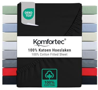 Komfortec Spannbettlaken 140x200 Baumwolle Jersey Bettlaken, Oeko-Tex Zertifiziert für Boxspring, Topper, Rundumgummi für Perfekte Passform, Weich & Atmungsaktiv, Pflegeleicht & Formstabil, Schwarz