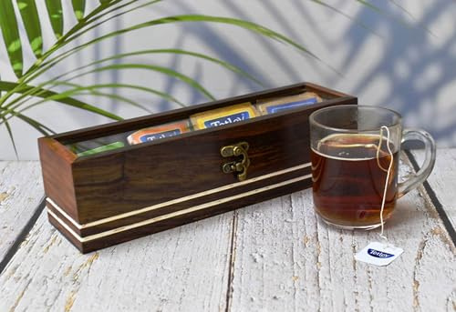 India House- Tea Box for Tea Bags Organiser - Engraved Hardwood Tea Chest with 4 Compartments - Tea Storage Box Multi Functional - Wood Tea Box Organiser - 11.5 x3.5X 4 Inch (4 Compartment Box)